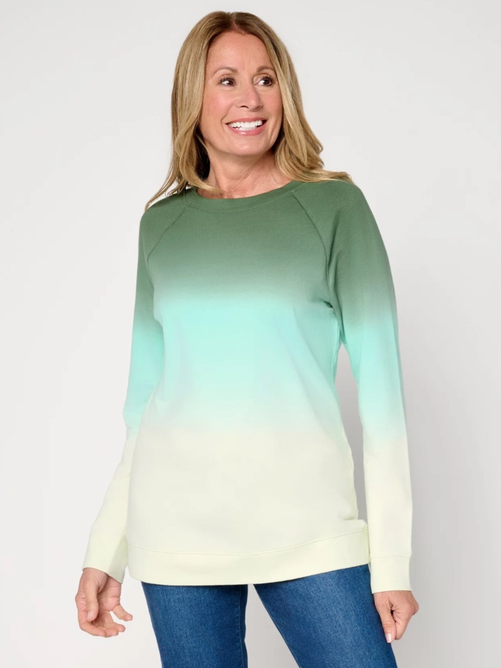 Denim and Co. French Terry dip dye crewneck top NEW